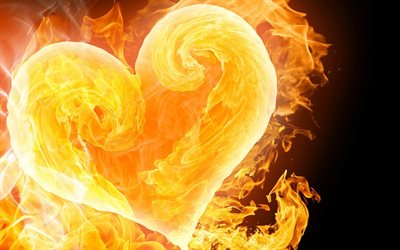 fire heart, flame, black background