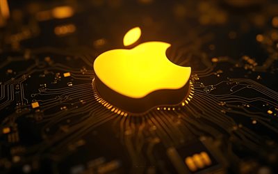 apple 3d yellow logo, 4k, scheda madre giallo scuro, logo apple, emblema di mela, background tecnologico giallo, mela, logo apple 3d