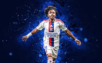 4k, Malick Fofana, joy, blue neon lights, Lyon, Ligue 1, Belgian footballers, Malick Fofana 4K, football, soccer, Olympique Lyonnais, Malick Fofana Lyon