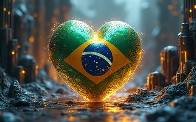 4k, j'adore le brésil, contexte de la nature sombre, bokeh, créatif, jour du brésil, résumé fond 3d, drapeau du brésil, art 3d, cœur avec drapeau brésilien, coeurs 3d, drapeau brésilien, brésil, l'amour pour le brésil