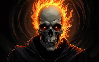 4k, jinete fantasma, fondo abstracto negro, superhéroes, marvel comics, de cerca, ghost rider 3d, obra de arte, arte de jinete fantasma, fan art, ghost rider 4k