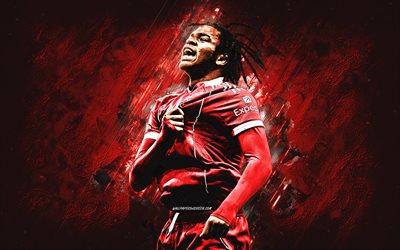 rio ngumoha, liverpool fc, englischer fußballer, porträt, roter steinhintergrund, grunge  kunst, liverpool, premier league, england, fußball, rio ngumoha liverpool, rio chima ngumoha