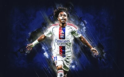 Malick Fofana, Belgian footballer, Olympique Lyonnais, goal celebration, Lyon, blue stone background, grunge art, Ligue 1, France, football, Malick Fofana Olympique Lyonnais