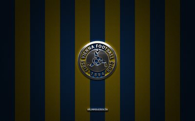 First Vienna FC logo, Austrian football club, Austrian 2 Liga, blue yellow carbon background, First Vienna FC emblem, hockey, First Vienna FC, Austria, First Vienna