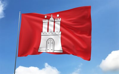 علم هامبورغ على سارية العلم, 4k, الدول الألمانية, السماء الزرقاء, علم هامبورغ, أعلام الساتان المتموج, حالات ألمانيا, سارية العلم مع الأعلام, يوم هامبورغ, ألمانيا, هامبورغ