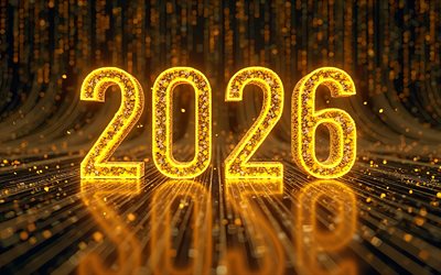 4k, 2026 yellow glitter digits, bokeh, 2026 concepts, yellow glare, creative, 2026 3d digits, 2026 inscription, 2026 glitter digits, 2026 New Year, 2026 art, 2026 yellow digits
