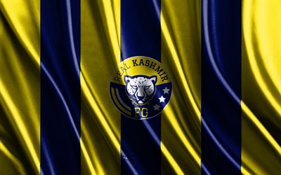 4k, logotipo fc da caxemira real, i league, textura de seda azul amarela, bandeira de verdadeira caxemira fc, clube de futebol indiano, futebol, bandeira da seda, emblema real da caxemira fc, índia, crachá de verdadeira caxemira fc, real caxemira fc