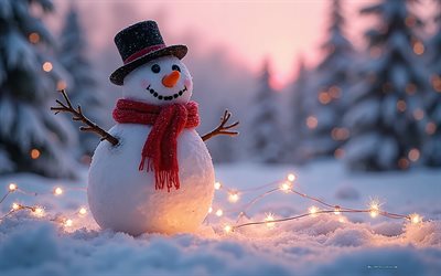 muñeco de nieve, noche, atardecer, paisaje invernal, feliz navidad, feliz año nuevo, muñeco de nieve 3d, bosque de invierno, muñecos de nieve