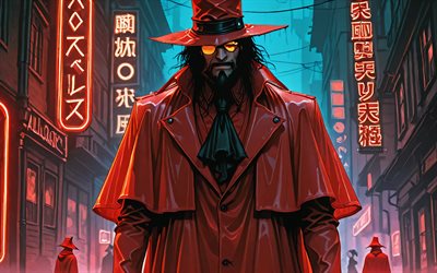 alucard, 4k, calle, infierno, aldea, noche, impermeable rojo, conde drácula, manga, dorakyura, manga infernal, personaje de alucard, arte de alucard, personajes infernales, alucard hellsing