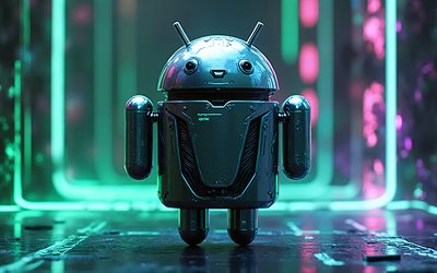 logotipo android, 4k, futurismo arte, luzes de neon verdes e roxas, robô 3d android, logotipo do android metal, robô de metal android, emblema do android, android