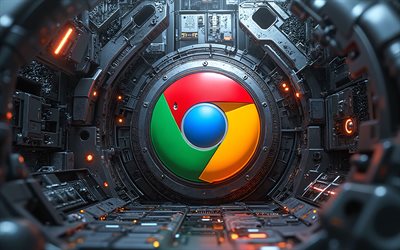 4k, google chrome metal logo, bokeh, orangefarbener blick, mechanische hintergründe, kreativ, google chrome 3d  logo, kunstwerk, google chrome logo, internetbrowser, google chrome