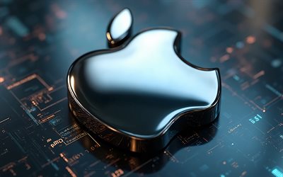 logotipo de metal chapado en apple chrome, 4k, logotipo 3d apple metal, macro, fondo tecnológico, logotipo de apple, signo de manzana, emblema de manzana, manzana