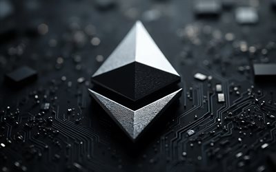 ethereum silber 3d  logo, 4k, ethereum zeichen, ethereum, eth, schwarzer hi tech hintergrund, eth  logo, eth  zeichen, ethereum logo