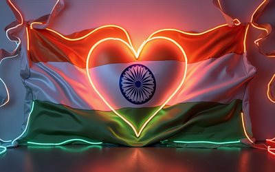 amo la india, 4k, luces de neón naranja, fondo 3d de tela, creativo, día de la india, bandera de la india, corazón con bandera india, corazones 3d, bandera india, india, amor por la india