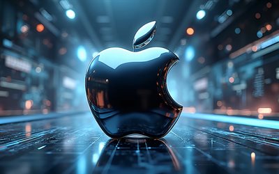 logo apple 3d, 4k, logo apple chrome, sfondo ad alta tecnologia, segno di mela, luce neon blu, logo apple, emblema di mela, mela