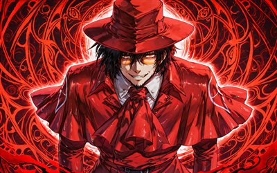 alucard, 4k, fondo abstracto rojo, infierno, impermeable rojo, conde drácula, manga, dorakyura, manga infernal, personaje de alucard, arte de alucard, personajes infernales, alucard hellsing