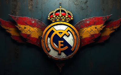 real madrid grunge  logo, 4k, spanische flagge, rot, gelb, rot wie, real madrid logo, real madrid emblem, real madrid vgl, la liga, metallflügel, flagge spaniens, real madrid, fußball, grunge  kunst
