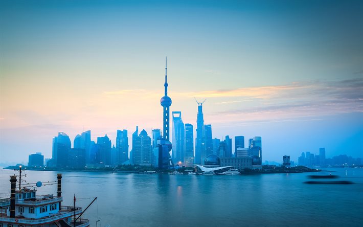 상하이, 중국, 아침, 고층 빌딩