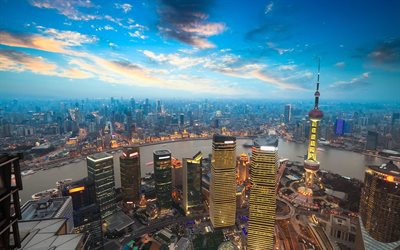 los rascacielos de shanghai, china, puesta de sol, shanghai