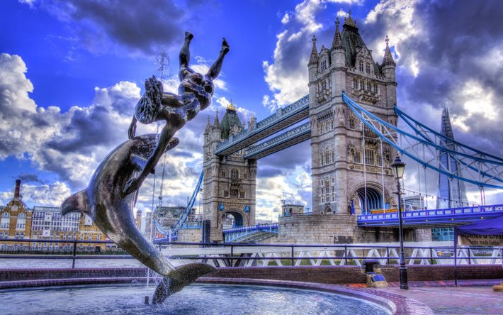 tower bridge, the sky, clouds, london, england, hdr