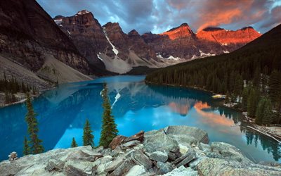 alberta, Evet lake, Kanada, orman, dağlar, Gün batımı