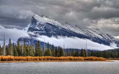 l'alberta, le canada, le lac vermillon, le mont rundle, des montagnes, des lacs vermilion, les nuages, canada