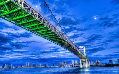 tokyo, le japon, les lumières, le rainbow bridge, le pont arc en ciel, la nuit, japon