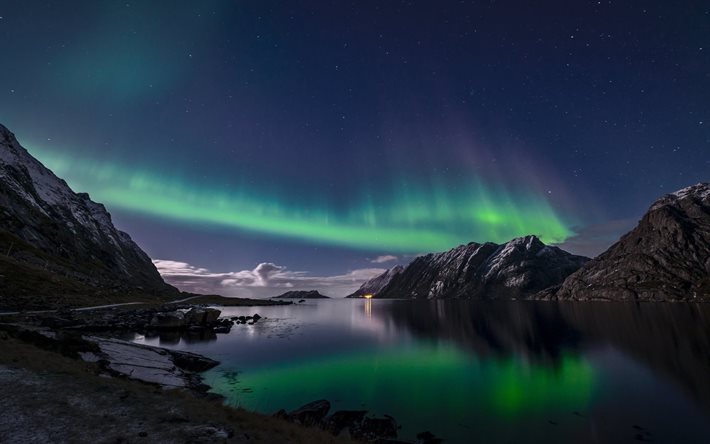 ilhas lofoten, noite, noruega, baía, luzes do norte