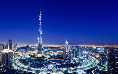 di notte, le luci, il burj khalifa, dubai, emirati arabi uniti, i grattacieli di dubai