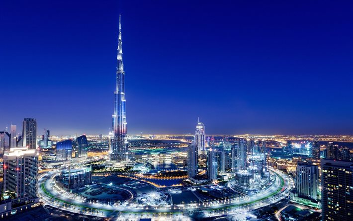 रात, रोशनी, बुर्ज खलीफा, दुबई, संयुक्त अरब अमीरात, गगनचुंबी इमारतों