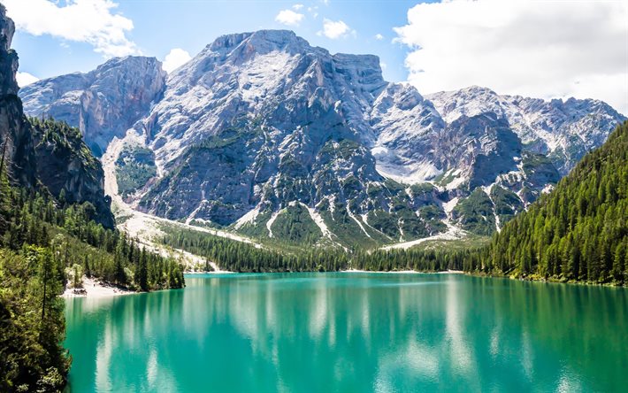 the sky, summer, mountain lake, mountains, emerald lake