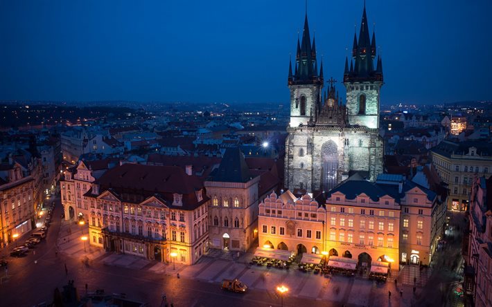 夜, プラハ, の教会, チェコ共和国, tyn教会