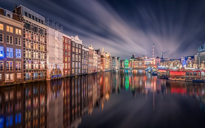 Hollanda, amsterdam, eve, ışıklar, kanal, gece