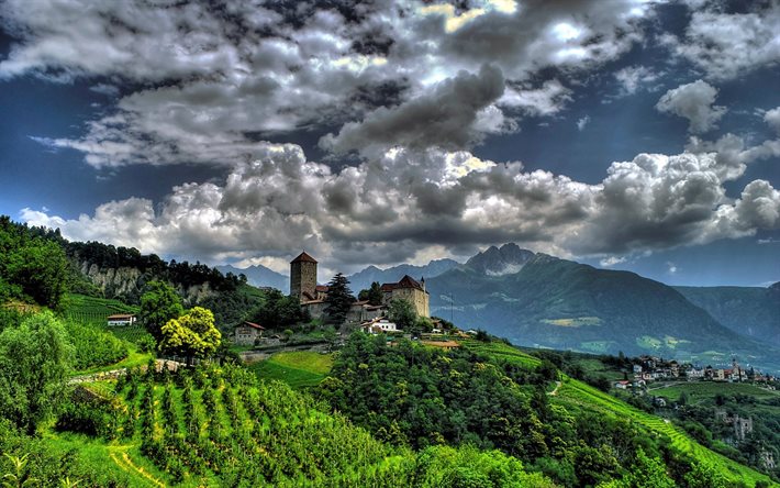 İtalya, hdr, tirol Köyü, trentino-alto, tirolo Köyü, trentino-alto adige, kale, bulutlar, tepeler, tirol castle adige