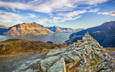 queenstown, the lake, new zealand, summer, mountains, stones