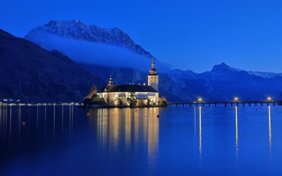 l'église, le lac, gmunden, la nuit, en autriche, autriche