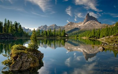 forest, sunset, italy, summer, mountains, mountain lake, water surface
