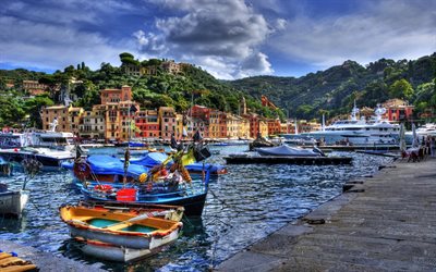 evening, bay, boats, portofino, summer, liguria, italy, hdr, italia