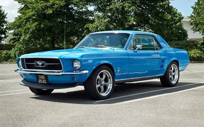 mustang, ford, azul, retrocar, muscle cars