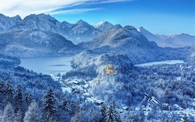 hohenschwangau, alemania, baviera, forest, bavaria, montañas, el castillo de hohenschwangau, invierno, germany