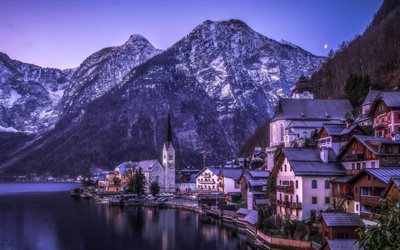शाम परिदृश्य, झील, पहाड़ों, hallstatt, ऑस्ट्रिया
