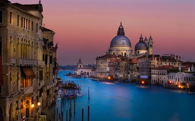 the church, sunset, venice, italy, channels
