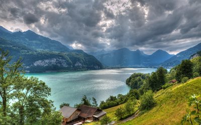 alps, 산, 스위스, 이 잡 호수, hdr, 레이크 잡고, 여름