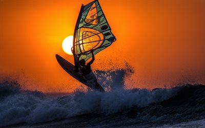 windsurf, mar, puesta de sol, de onda