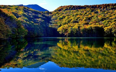 la riflessione, il lago towada, tramonto, acqua, superficie, giappone, tsuta numa, towada, prefettura di aomori