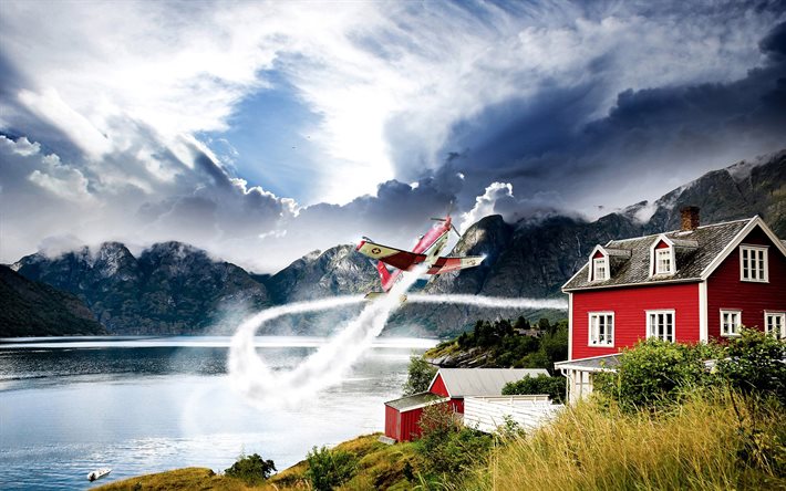 la maison, le plan, le lac, les montagnes, la norvège