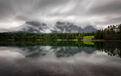 kanada, banff, wolken, in der lake, alberta, wald, berge