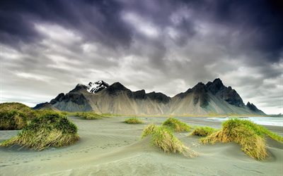 cabo, montañas, stokksnes, costa, islandia
