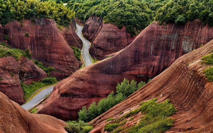 des collines, de la chine, de la route, du rock, de la forêt