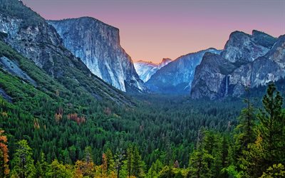 la vallée de yosemite, états-unis, californie, coucher de soleil, montagnes, forêt, vallée de yosemite